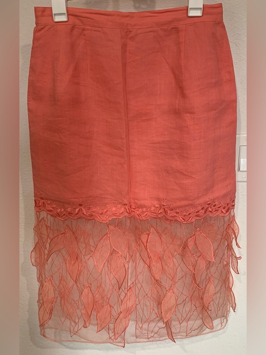 Dresses & Skirts - Coral Embroidered Leaf Lace Hem Midi Skirt, 100% linen